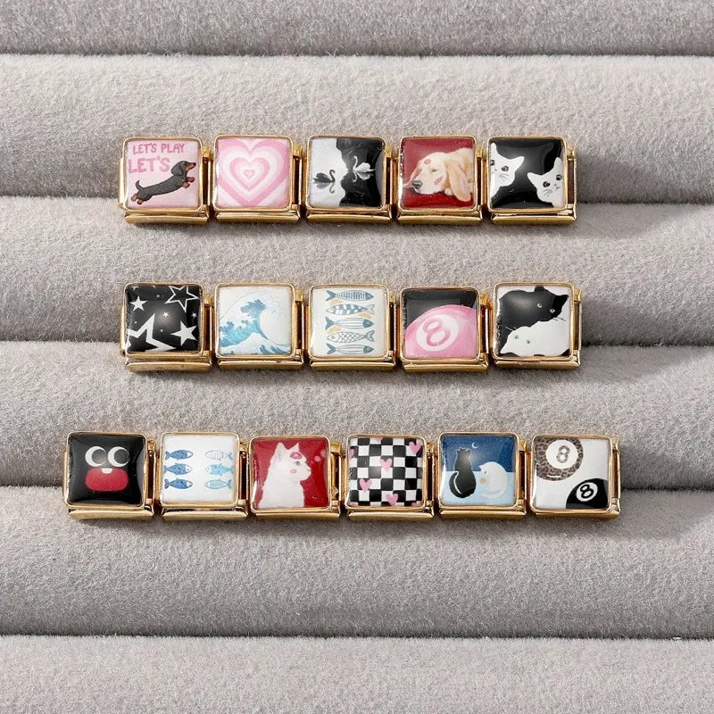 Black Golden Series Cute Cats Dogs Swan Heart Stars Italian Charm Link Fit 9mm Stainless Steel Bracelet DIY Making Jewelry Gifts Qme