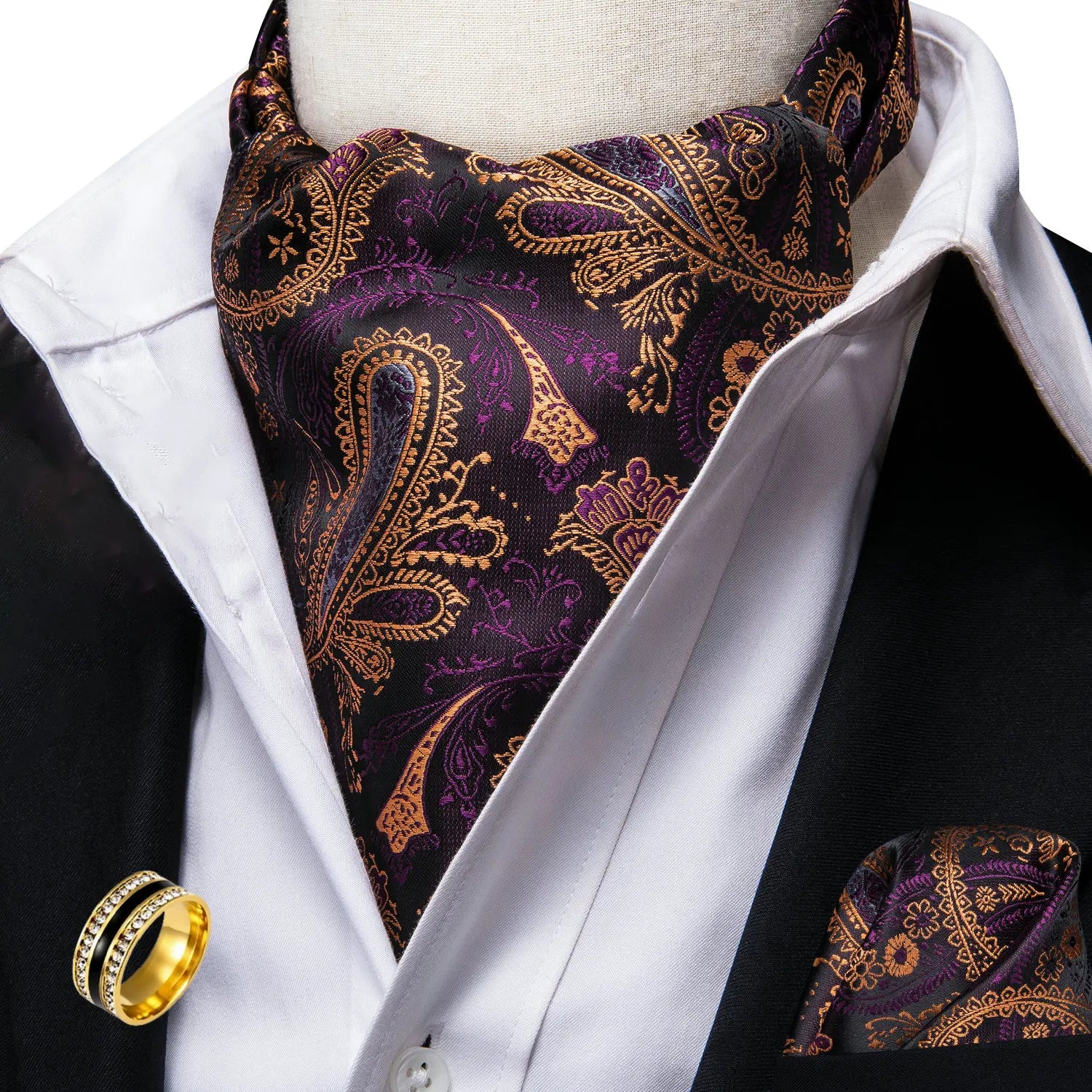 Ascot Tie Set, Classic Cravat with Pocket Square & Decorative Ring, Fashion Men's Neck Accessories Wedding silk Party Daily Wear Qme AS-1016-JZ0020