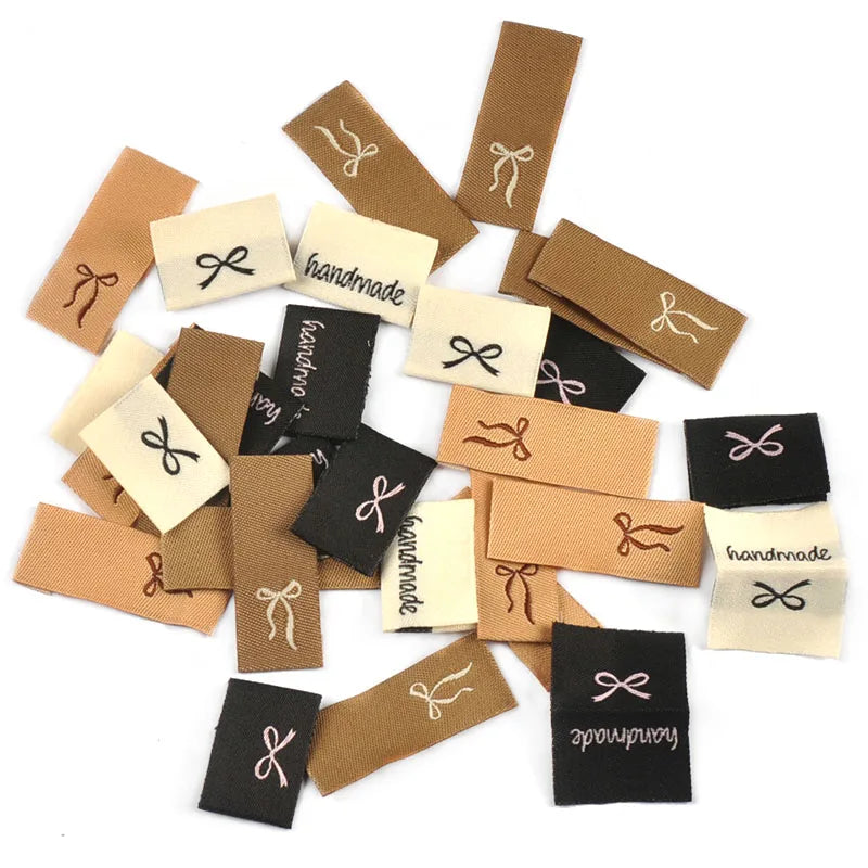 50pcs 15-38.5mm Rectangle Brown/White/Black Bow Label Embroideried Clothes Backpack Sewing Accessories Handmade Crafts c3784 Qme random mix-50Pcs