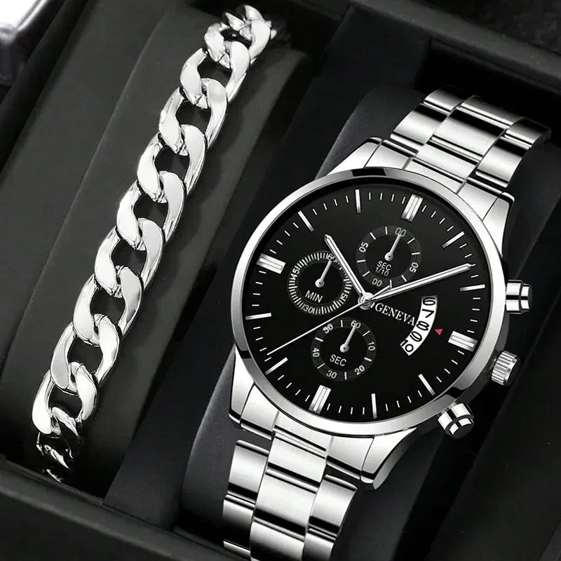 2026 2pcs Fashion Business Geneva Calendar Watch Personalized Men's Steel Belt Watch Business Set Qme