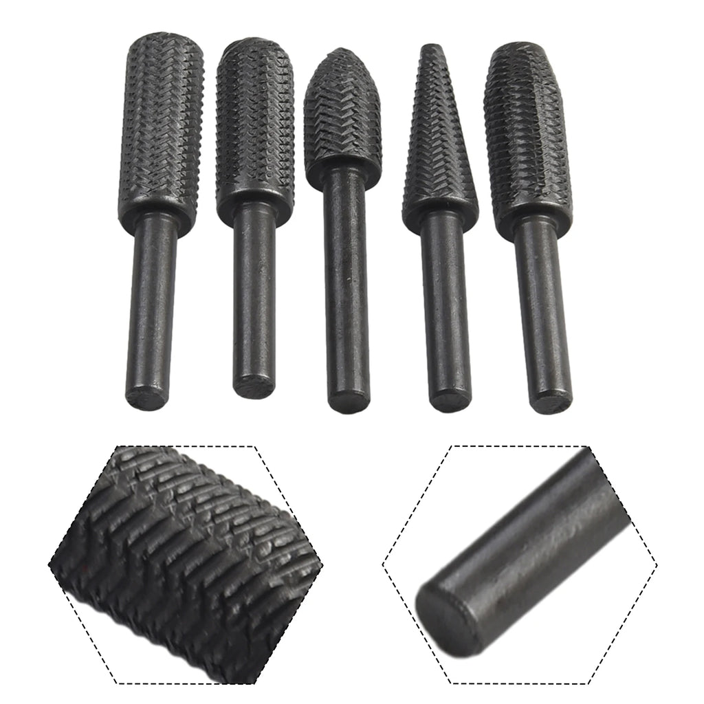 5Pcs/set Rotary Rasp File Steel File 6mm Shank Carving Bit Double Cutter Rotary File Super Hard For Metal /Wood /Grinding Qme