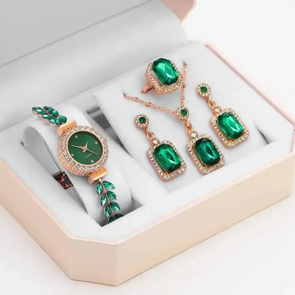 New diamond studded temperament, internet famous and popular bracelet, women's quartz watch, leaf jewelry set Qme 1
