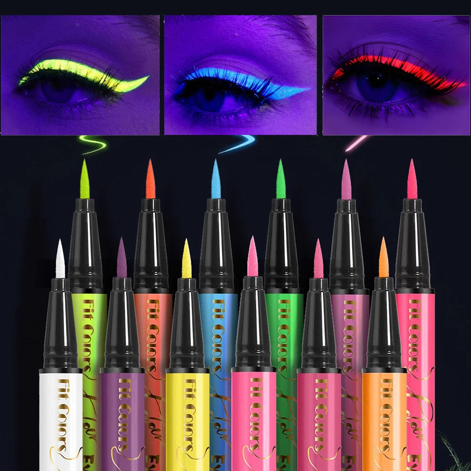 12Colors Liquid Eyeliner Neon Colored Halloween Liner Eyeliner Pen Waterproof UV Blacklight Fluorescent Face Body Paint Makeup Qme