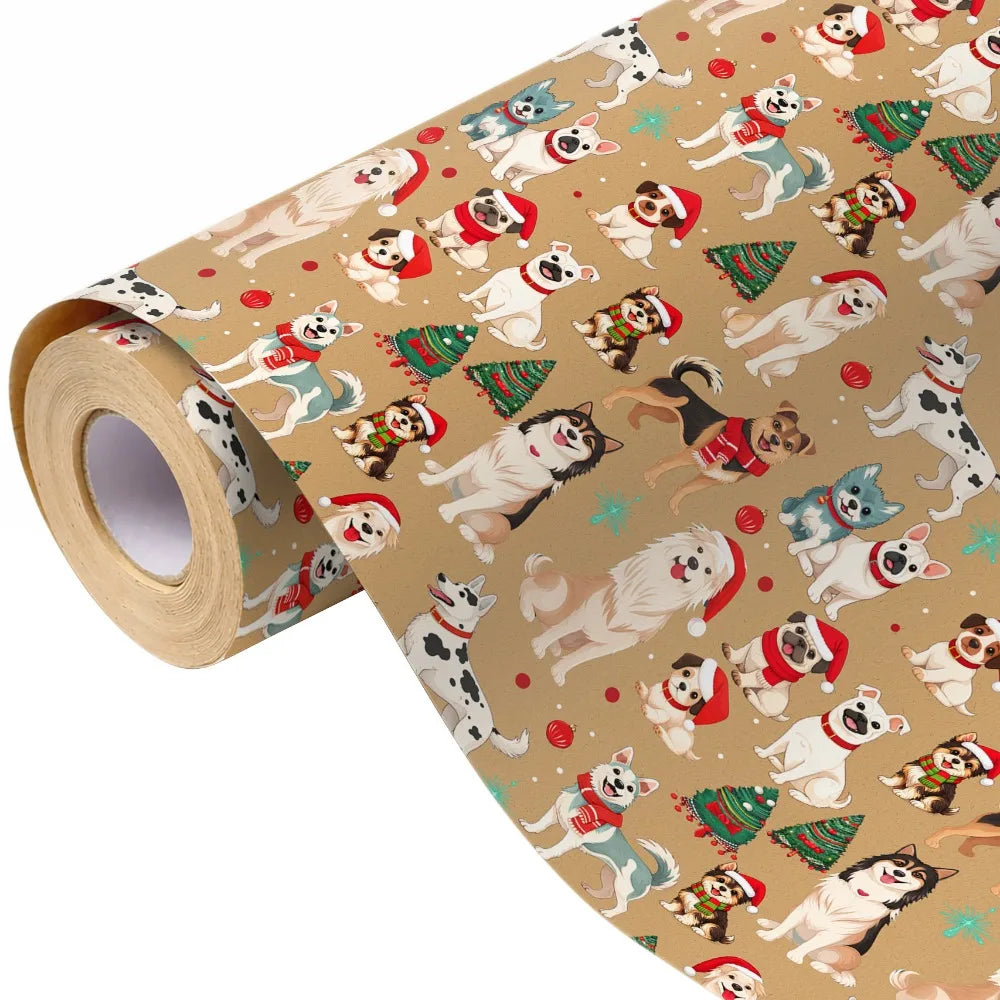1 Roll of Christmas Gift Wrapping Paper with Cute Dog Patterns Featuring Santa Hats, Scarves, and Christmas Trees, Made of Kraft Qme 1roll