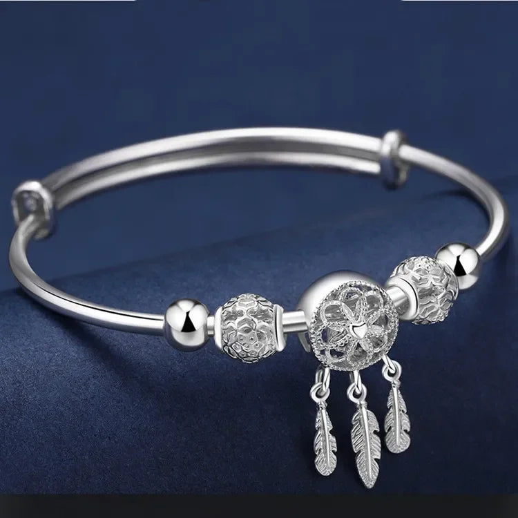 Fine 925 Sterling Silver Dreamcatcher Tassel Feather Lucky Bead Bracelet Bangle for Women Fashion Original Jewelry Couple Gifts Qme