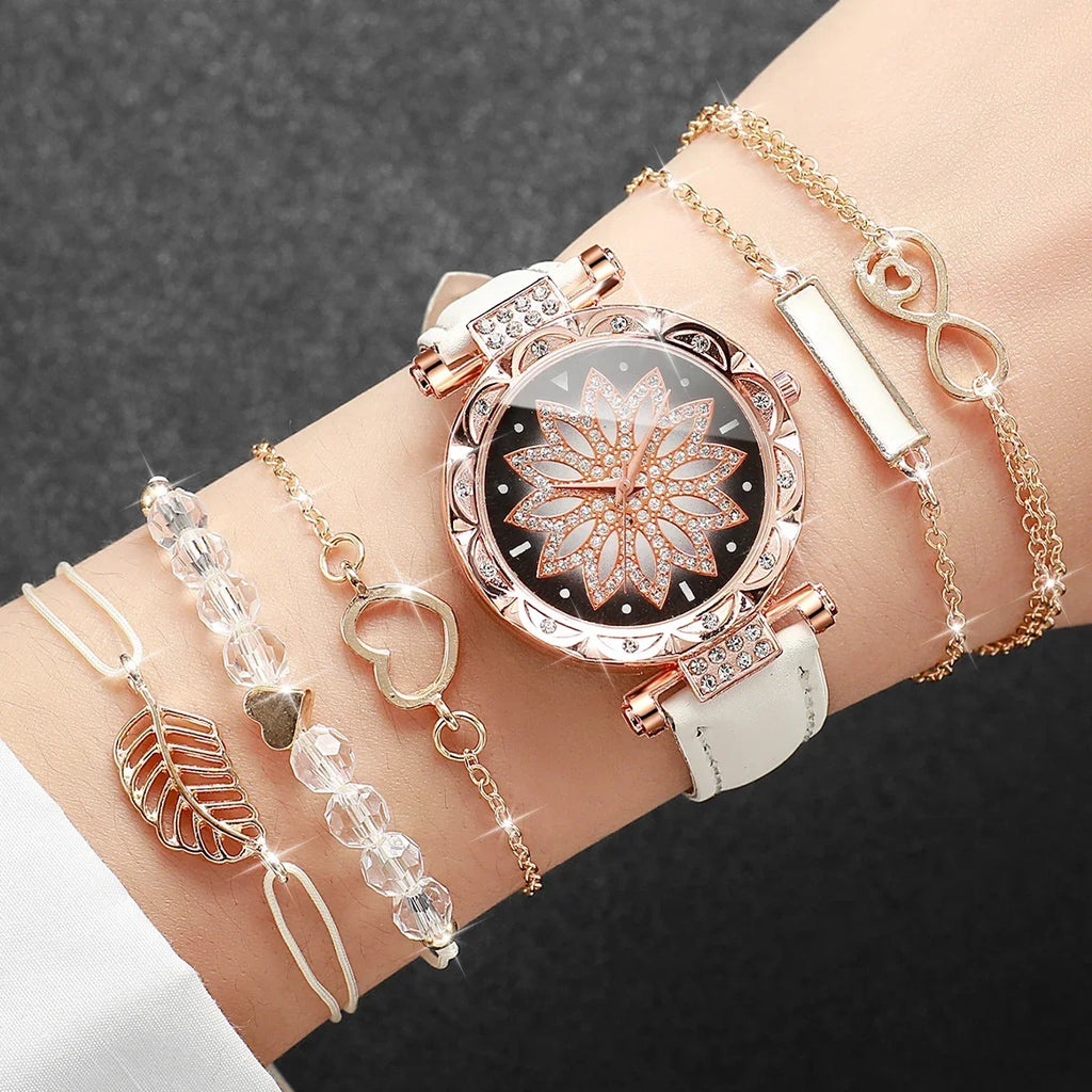 6PCS Bracelet Women's Watch Set Women's PU Leather Strap Quartz Watch Bracelet Set Qme