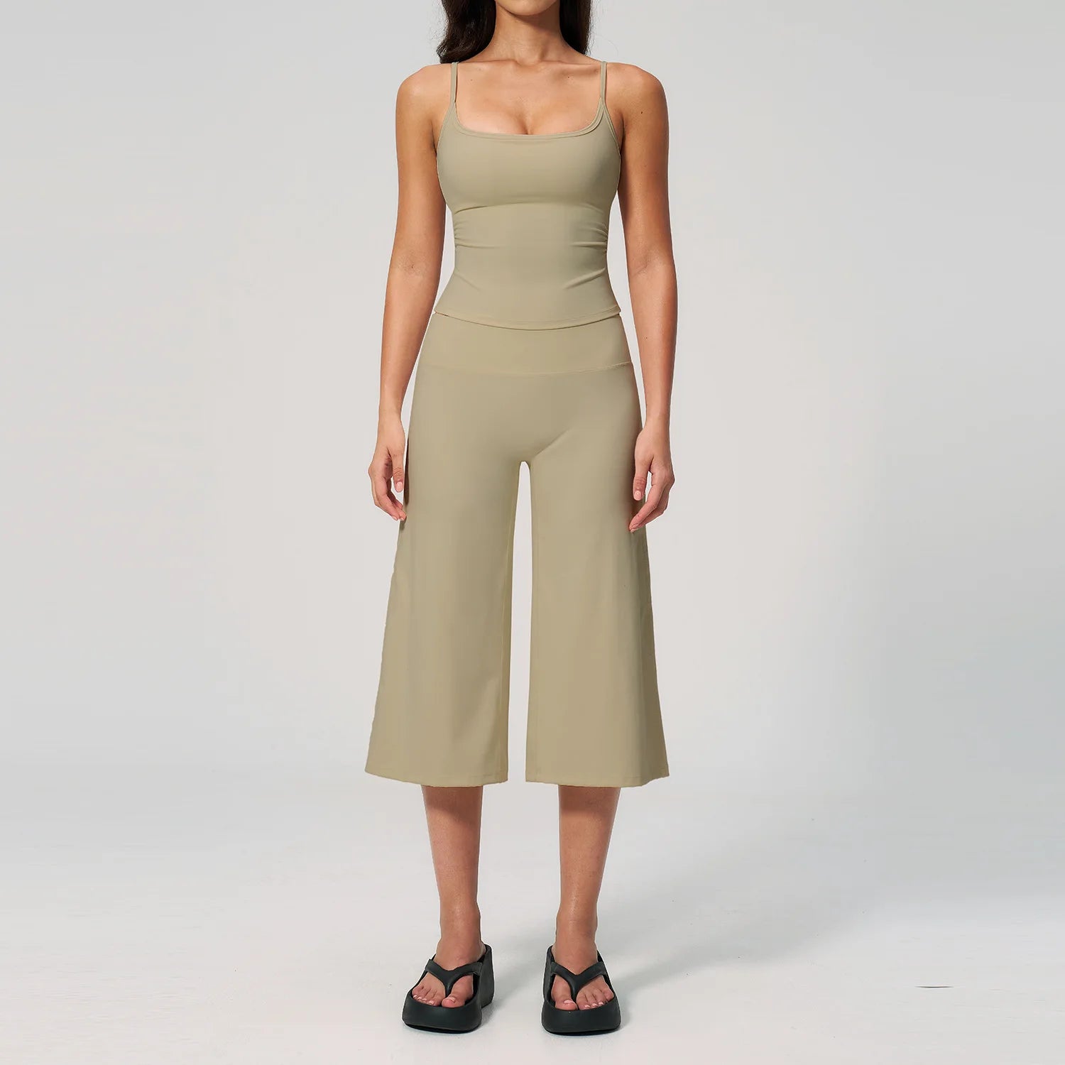 A Summer Yoga Set 2 Pieces Women Tracksuit Workout Clothes Sports Outfits High Waist Fitness Sports Suit Female Gym Clothes Qme Warm khaki L