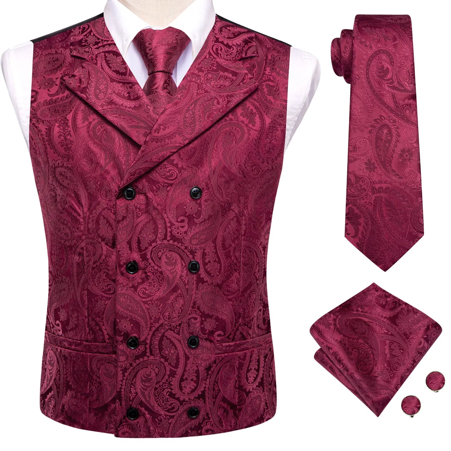 Formal Men V-neck Waistcoat 4-in- Vest Tie Pocket Square Cufflinks Qme