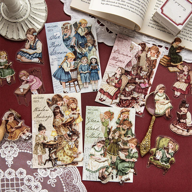 European Vintage Girl Reading Sticker Book, Artistic Decor Material for Journal Collage, High-Value Creative Supply Qme