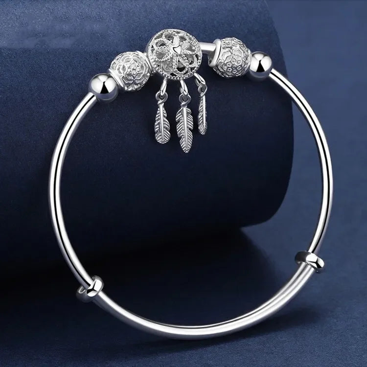 Fine 925 Sterling Silver Dreamcatcher Tassel Feather Lucky Bead Bracelet Bangle for Women Fashion Original Jewelry Couple Gifts Qme Default Title