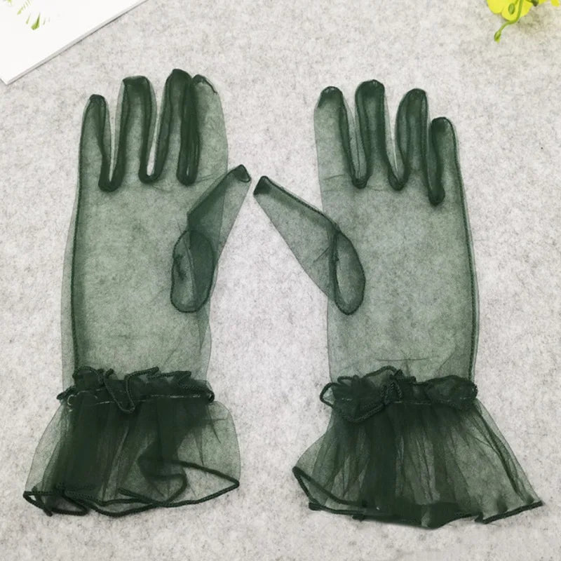 Women Black Lace Gloves Ultra Thin Tulle Wedding Bride Dress Driving Qme Black Green One Size