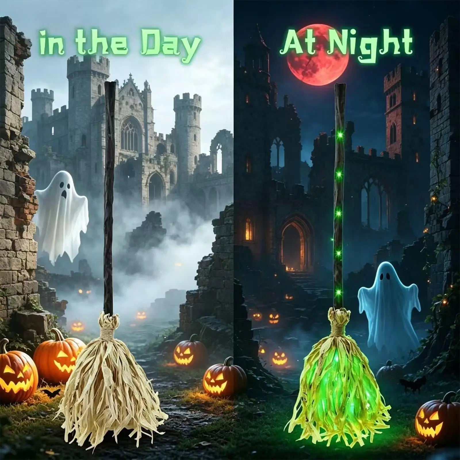 Halloween Broom Decoration Realistic Horror Laughter Sound Lighted Qme