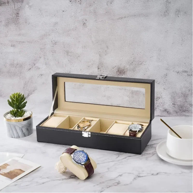 6 Slot PU Leather Lockable Watch Storage Boxes, Men & Women's Jewelry Display Drawer Case, 1-tier Organizer Watch Showcase Qme