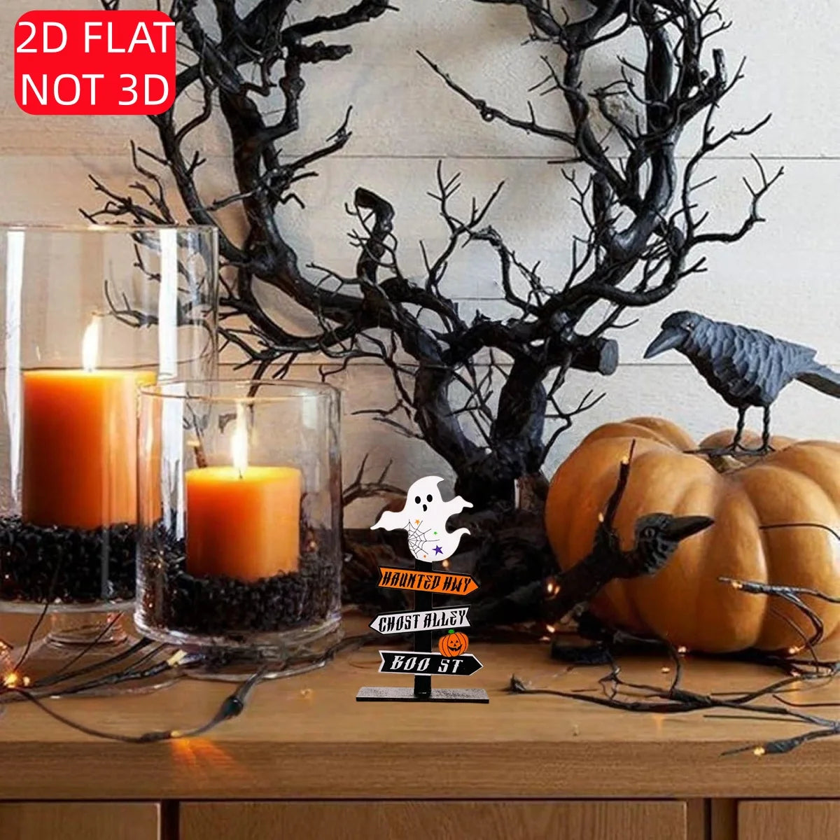 1 Set of 2D Halloween Wooden Tabletop Decorations, Ghost Signs with Spider Webs, Vintage Halloween Farmhouse Shop Party Event Decorations Qme