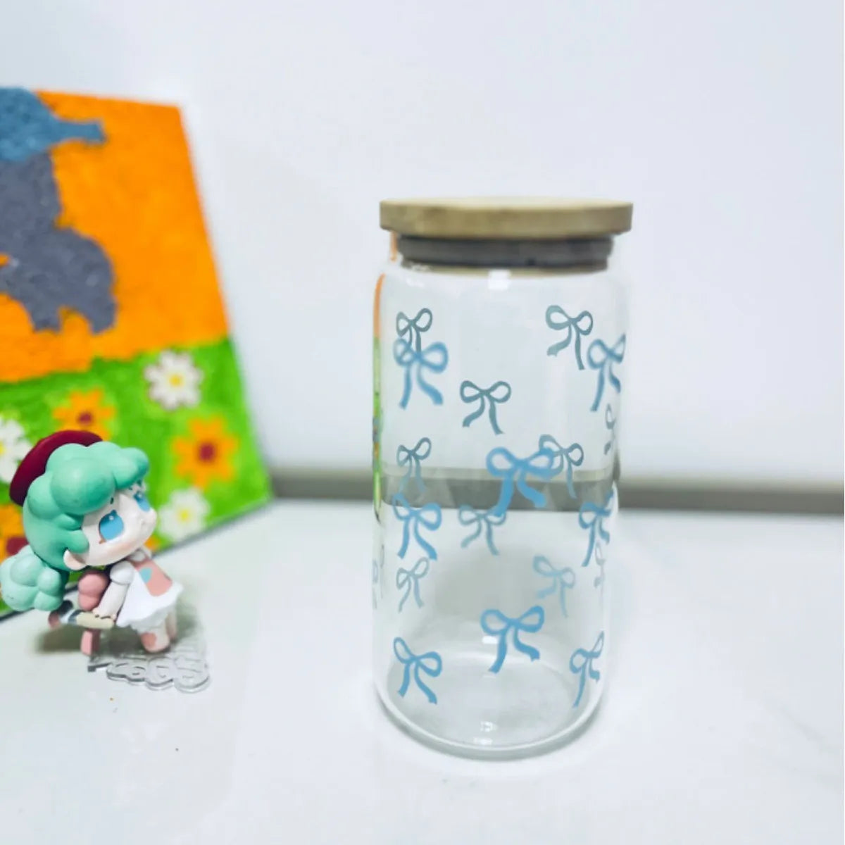 500ml Cute Bow Glass Cup Bow Bear Pattern Water Bottle Coffee Cups With Lids Straw Brush Valentine's Day Party Gift Qme Blue Bow 500ML
