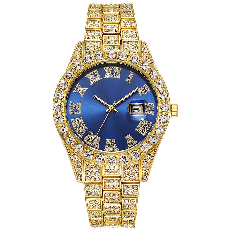 New Men's Steel Strip Quartz Hip Hop Business Calendar Full Diamond Diamond Cuban Chain Colorful Cross Night Light Qme