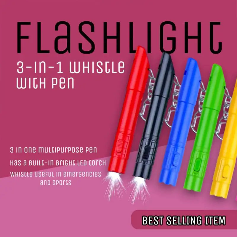 3in1 Ball Pen Whistle LED Flashlight Keychain Emergency Multi Qme
