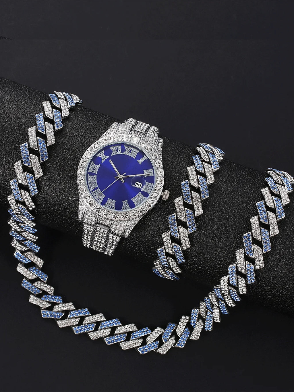 Women's Hip Hop Iced Out Jewelry Combo, Silver Plated Diamond Watch + Cuban Chain + Bracelet, Fashion Accessory Qme