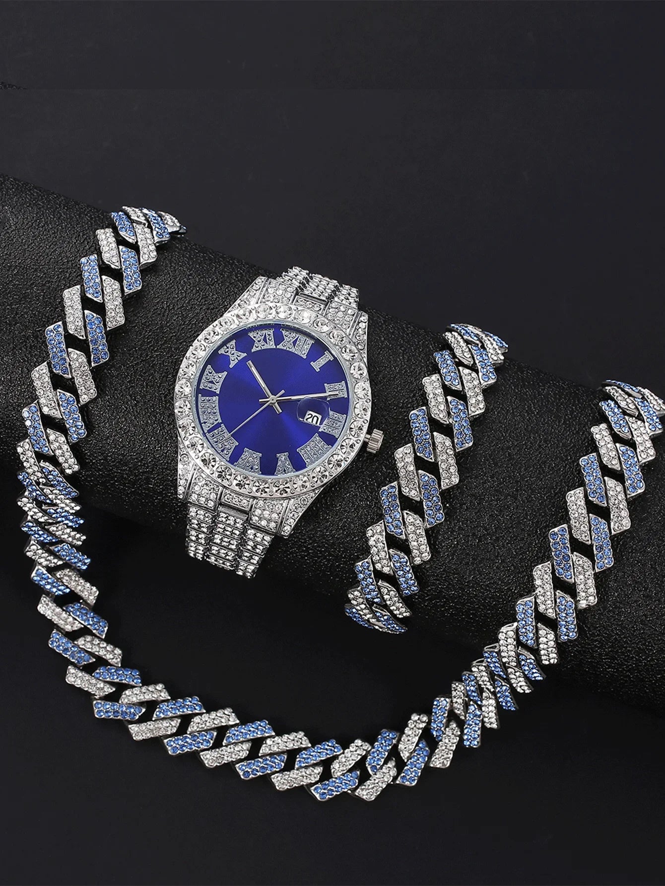 Women's Hip Hop Iced Out Jewelry Combo, Silver Plated Diamond Watch + Cuban Chain + Bracelet, Fashion Accessory Qme