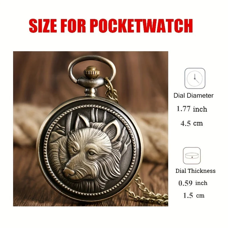 1pc Retro Bronze Wolf Necklace Pendant Quartz Pocket Watch Men's Gift Qme