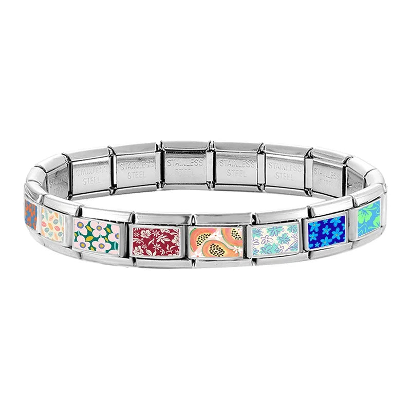 Fashion Oil Painting Green Background Color Flowers Italian Charm Links Fit 9mm Stainless Steel Bracelet Jewelry DIY Making Bead Qme