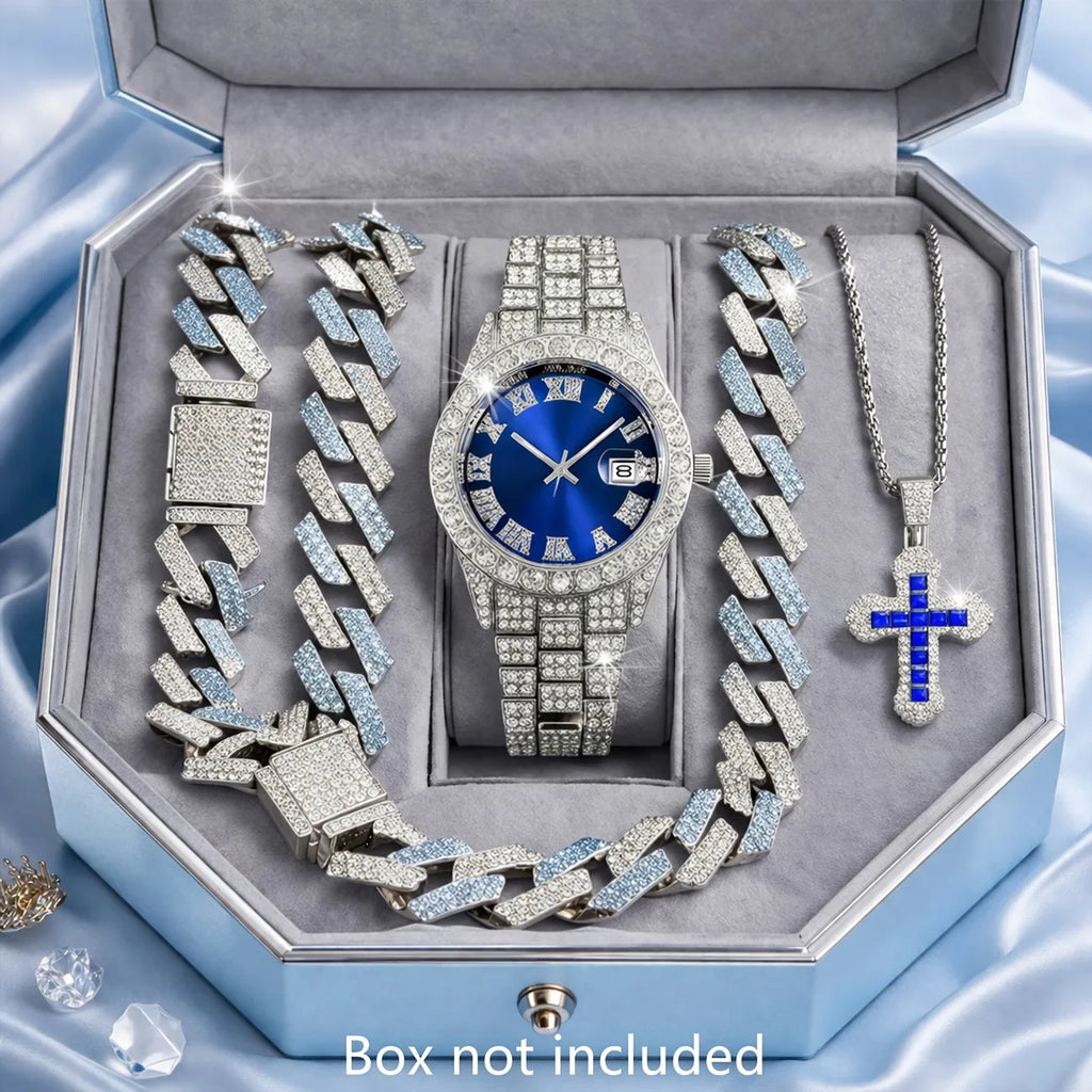 Luxury Silver Iced Out Men's Watch Jewelry Set, 4Pcs Blue Dial Watch + Cuban Chain + Bracelet + Cross Necklace, Hip Hop Accessor Qme Blue