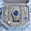 Luxury Silver Iced Out Men's Watch Jewelry Set, 4Pcs Blue Dial Watch + Cuban Chain + Bracelet + Cross Necklace, Hip Hop Accessor Qme Blue