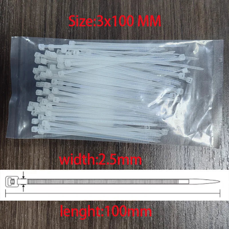 National Standard White PA66 Nylon Cable Ties 3x100 3x150 4x200 5x250mm Self Lock Wire Fastening Zip Tie Qme size-3x100mm 300PCS
