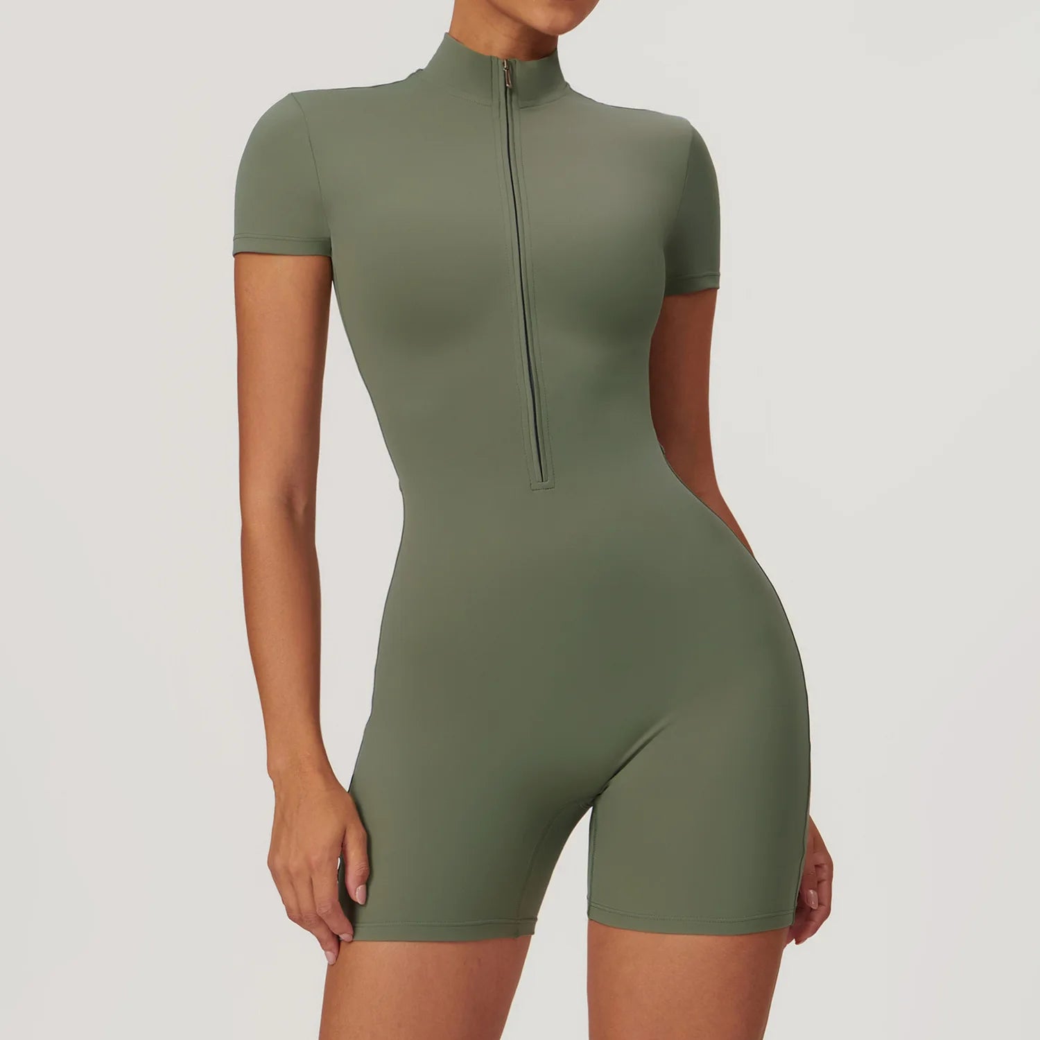 B European And American Nude One-piece Yyoga Suit With Stand Up Collar Half Zzipper Short Sleeved Fitness Jumpsuit Tight fitting Qme Army green XL