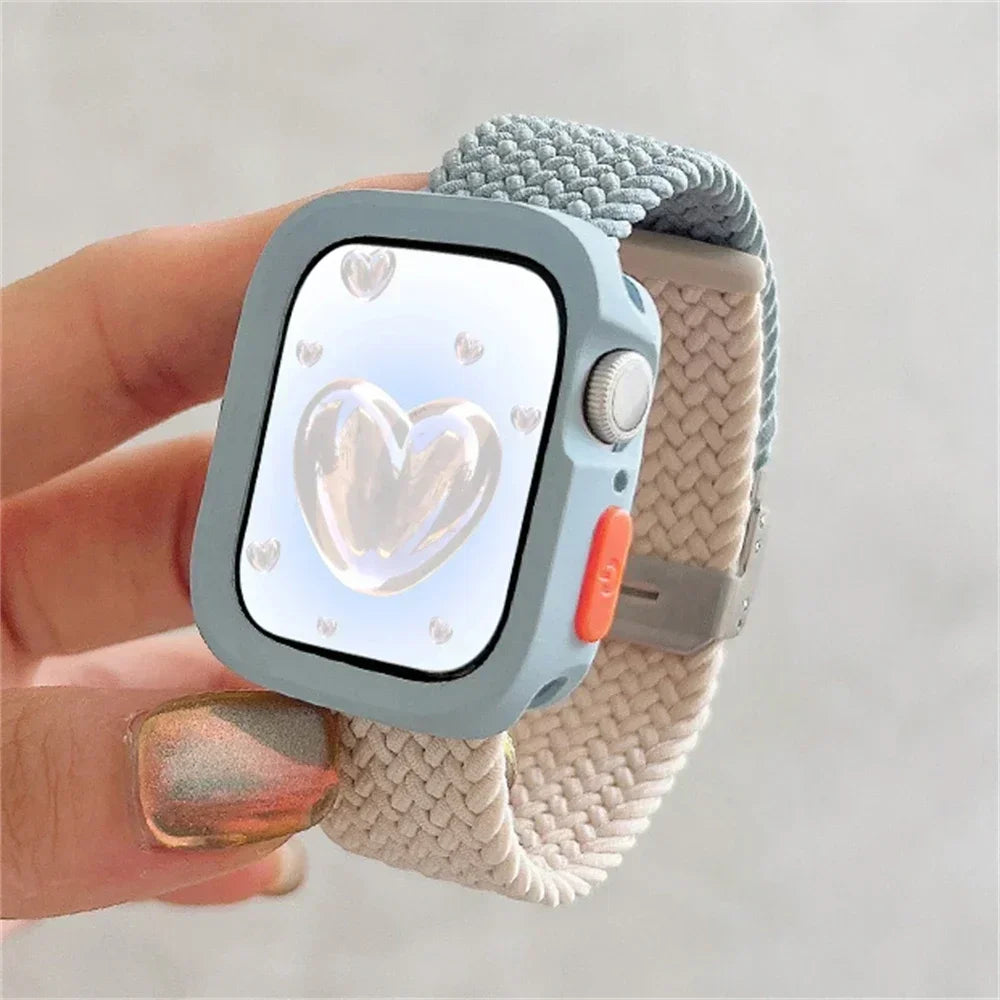 Candy Silicone Case+Strap For Apple Watch Series 9 8 7 45mm 41mm Band SE 6 5 4 44mm 40mm Nylon correa Strap iwatch Ultra 2 49mm Qme Starlight Blue For Series 789 41mm