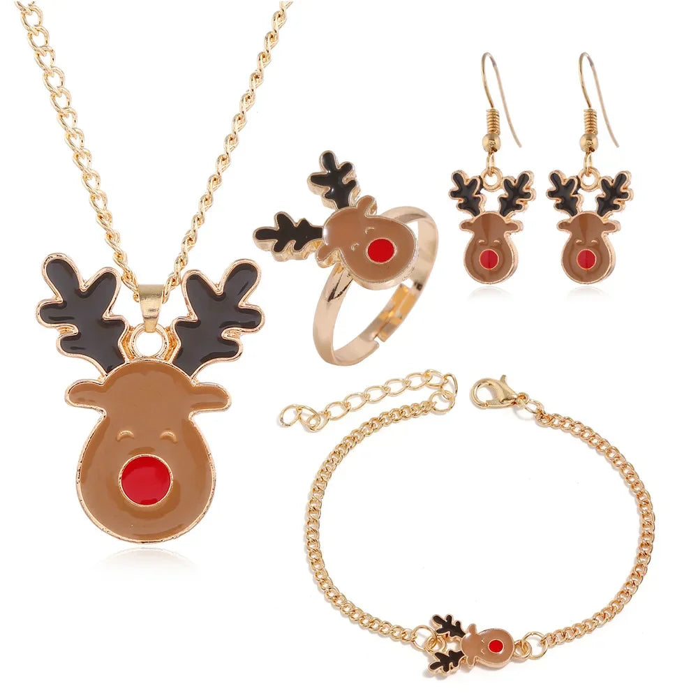 4PCS/Set Christmas Women Alloy Jewelry Set Santa Elk Bell Earrings Necklace Bracelet Decor Xmas Accessories Gift for Girl Women Qme Deer head China Mainland