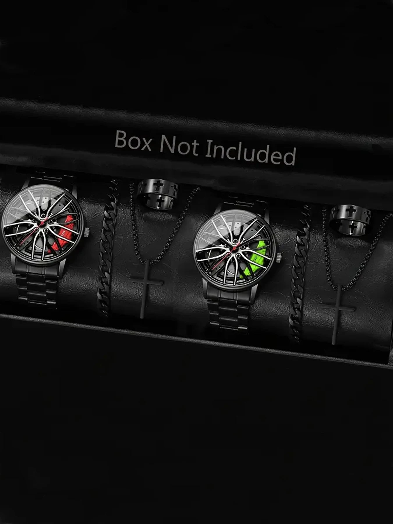 Men’s Wheel Rim Dial Watch Set with Cross Necklace & Cross Hollow Ring Qme 1