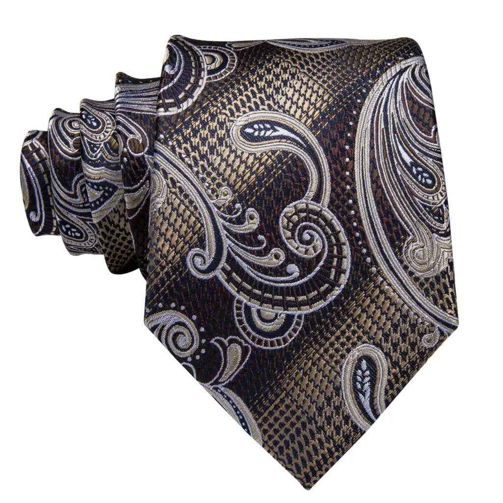 Hi-Tie Paisley Brown Tie For Men Elegant Mens Necktie Pocket Square Cufflink Groom Wedding Accessory Wholesale New Designer Qme