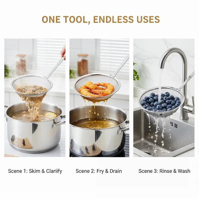 Fine Mesh Strainer Stainless Steel Metal Flat Colander Cooking Qme