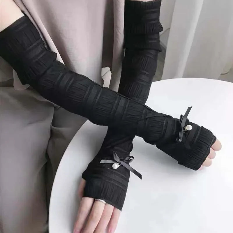 Women Arm Warmer Cute Summer Sun Protection Long Fingerless Gloves Qme black One Size
