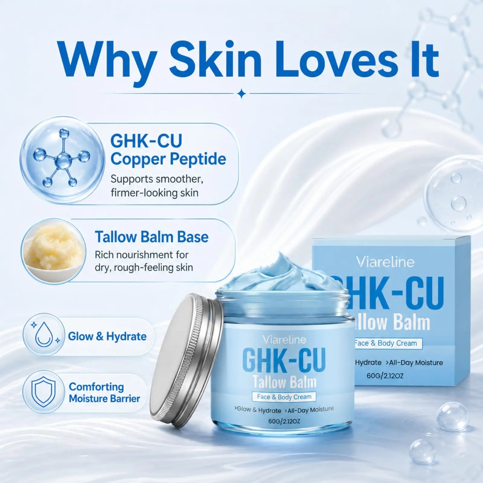 Natural GHK-CU Copper Peptide Tallow Balm for Face Body Firming Hydrating Brightening Moisturizer for Mature Dry Sensitive Skin Qme