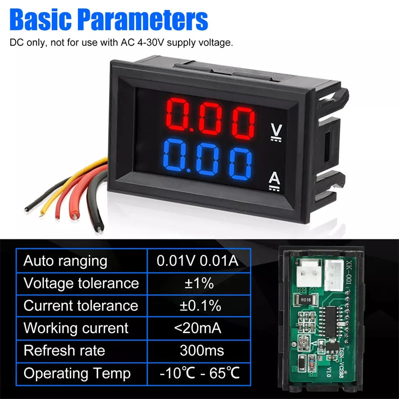 1Pc 0-100V 10A Digital Voltmeter Ammeter Dual Display Voltage Detector Current Meter Panel Volt Gauge 0.28" Red Blue LED. Qme 1pc Black