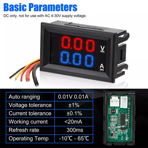 1Pc 0-100V 10A Digital Voltmeter Ammeter Dual Display Voltage Detector Current Meter Panel Volt Gauge 0.28" Red Blue LED. Qme 1pc Black