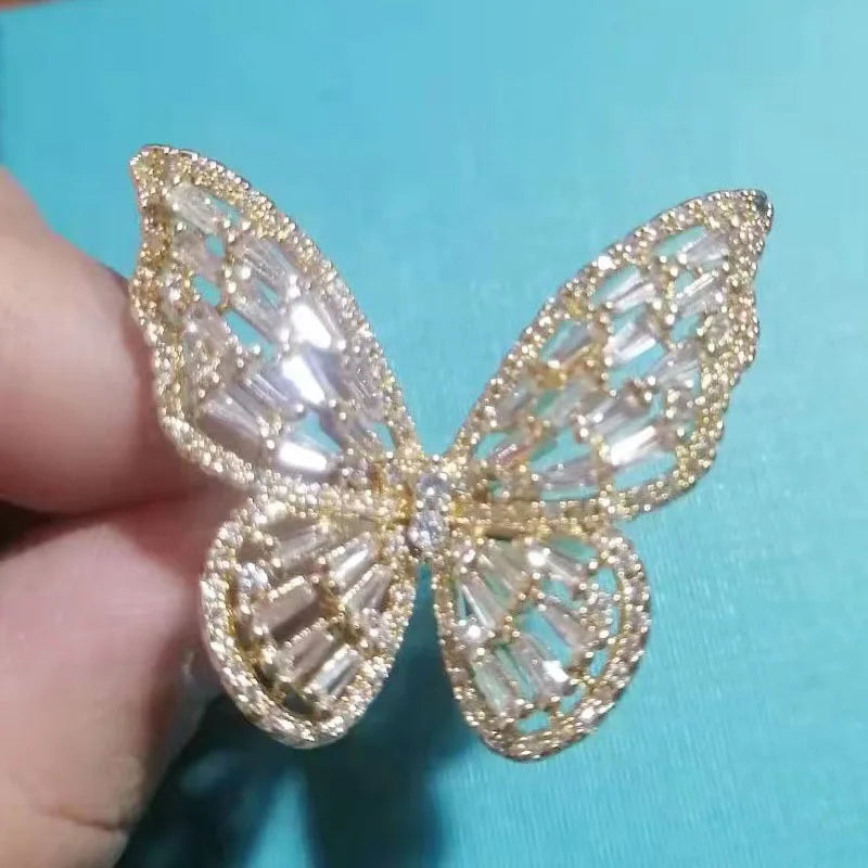Luxury Sliver Color Zircon Multi Butterfly Open Ring for Women Exaggerated Personality Adjustable Finger Ring Cocktail Jewelry Qme Gold white resizable