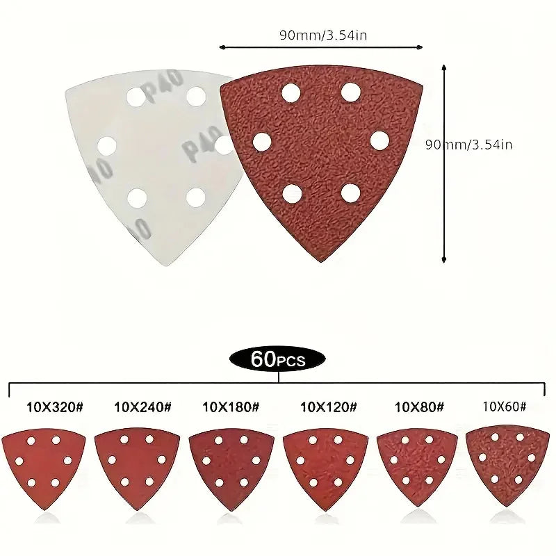 10/60pcs Triangle Sanding Pads 6 Holes Multi-Grit 40-320 Efficient Dust Extraction Design Angle Grinder & Delta Sanders Qme 60Pcs