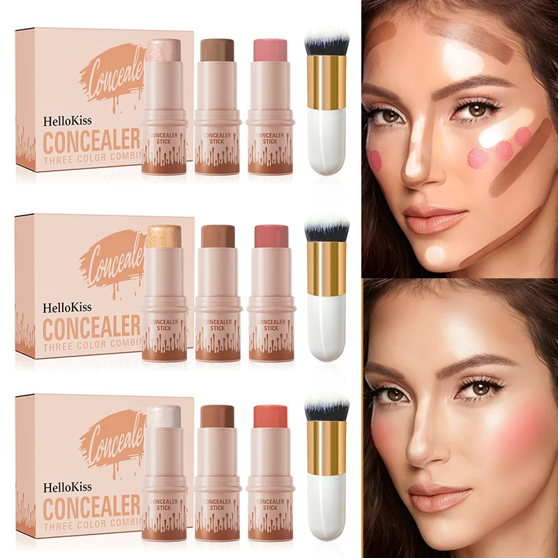 4pcs Set of Contour Stick, Highlight Stick, Blush Stick, Contour Brush, Shapes the Face Contour, Non-Greasy, Waterproof Qme