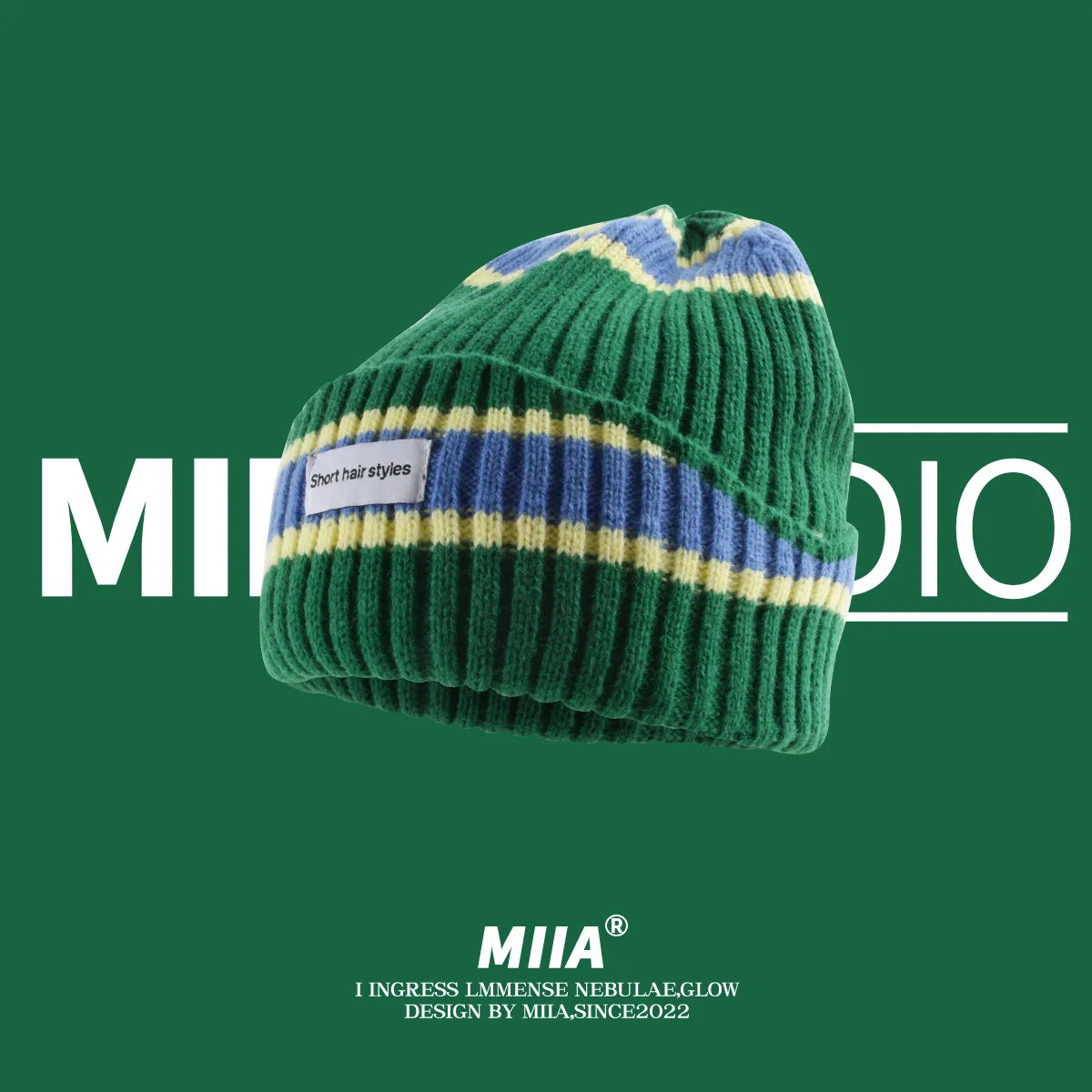 Niche Striped Autumn Winter Warm Wool Hat Showing Face Small Qme green with blue One Size