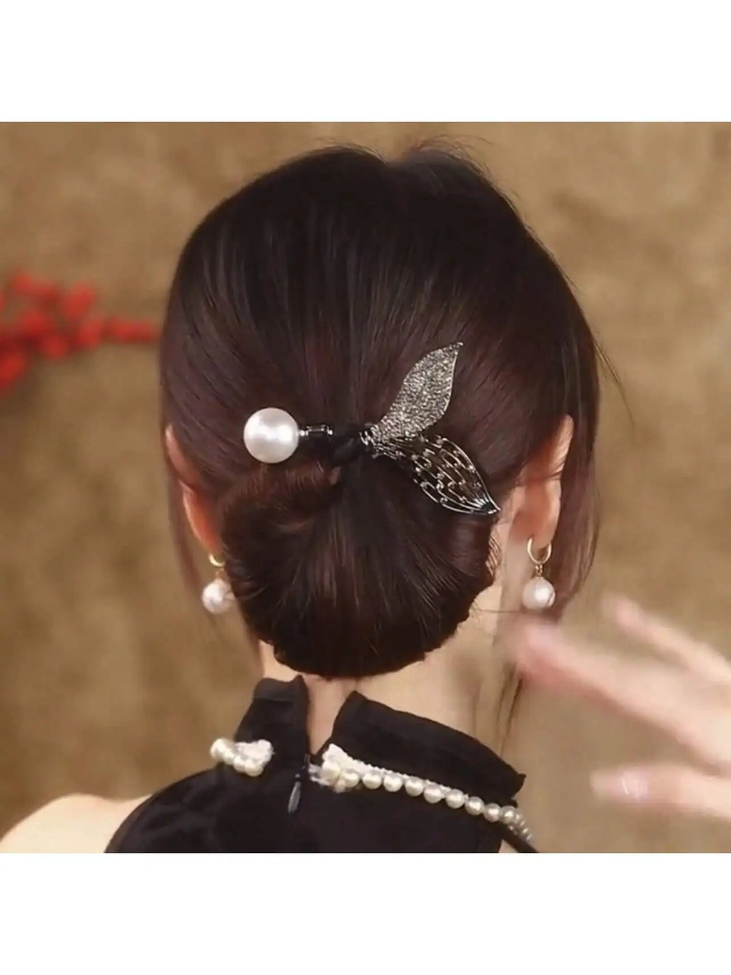 Women's Rhinestone Pearl Decorated Fish Tail Bun Maker Elegant Qme black