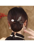 Women's Rhinestone Pearl Decorated Fish Tail Bun Maker Elegant Qme black