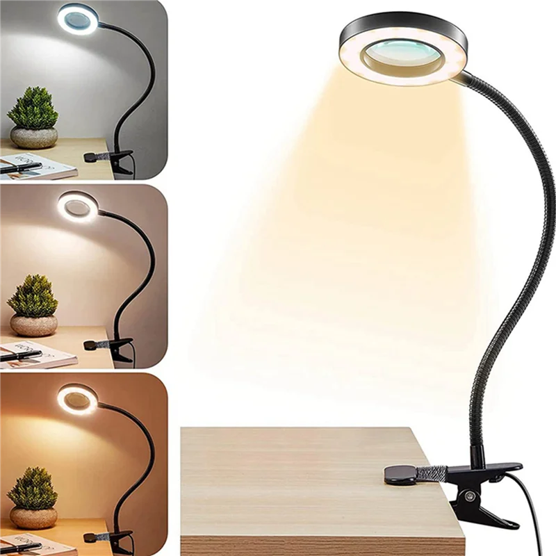 A02F-48 LED Desk Lamp Clip With 5X Magnifying Glass Light 360° Adjustable 3 Modes LED Desk Light For Bed Desk Work Crafts-2PC Qme