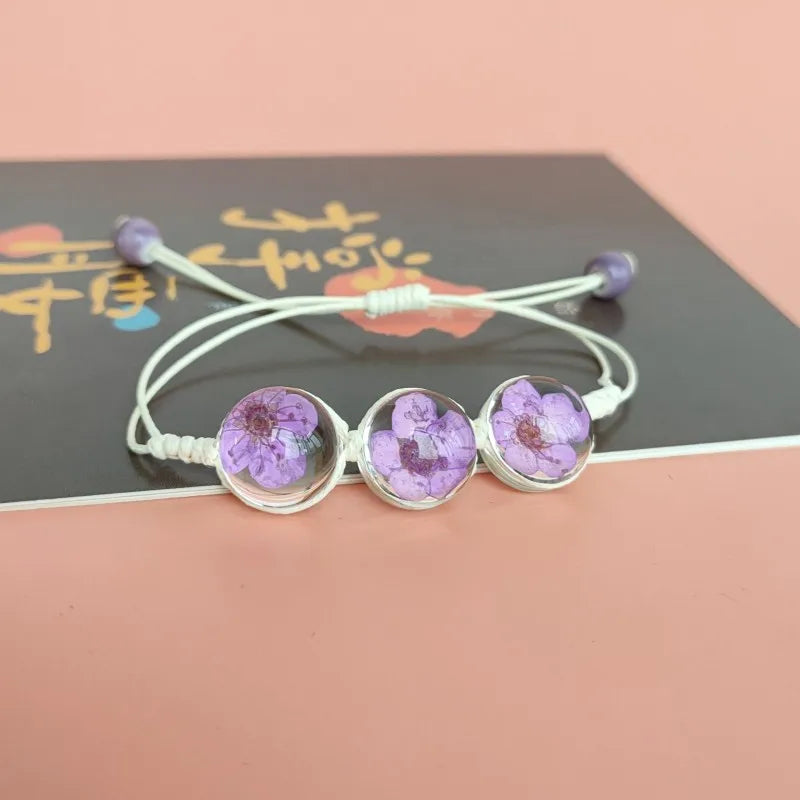 b22 Glass Ball Dried Cherry Blossoms Bracelets Hand-made Dried Flower Charm Bracelets Girls Gifts Natural Flower Weave Jewelry Qme PURPLE