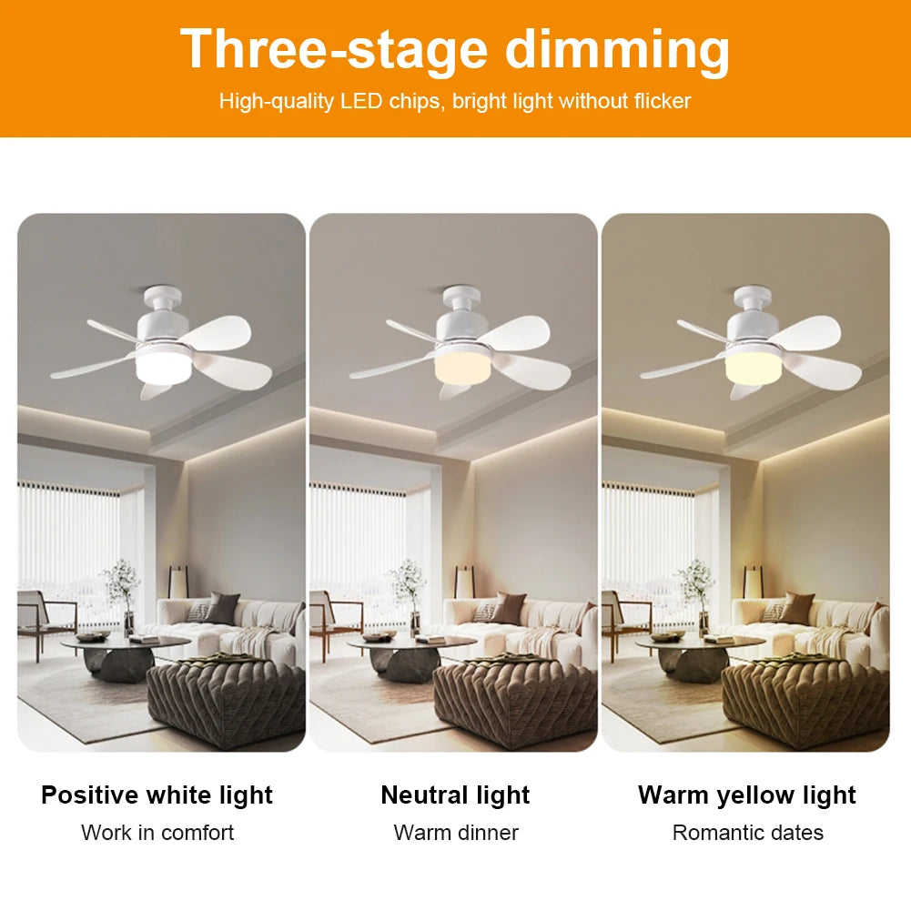 Silent Ceiling Fan with LED Lantern Remote Control Universal Dimming Fan E26/E27 Base Detachable Five Leaf Fan for Home Outdoor Qme