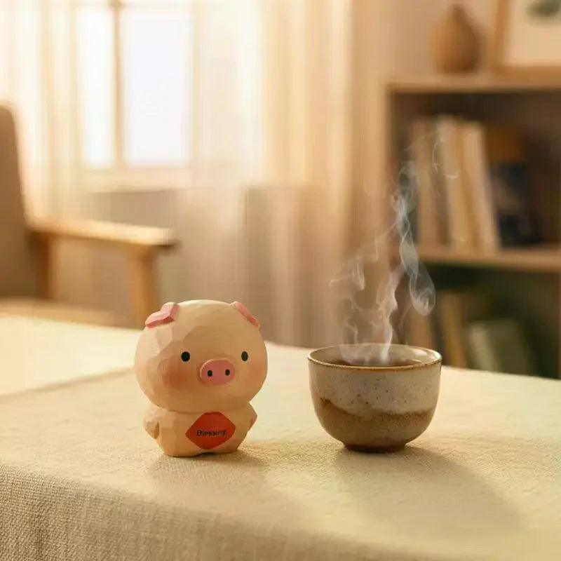 Handmade Wooden Pig Figurine Fu Character Decorative Statue Cute Animal Ornament For Home Office Desk Decoration Birthday Gift Qme