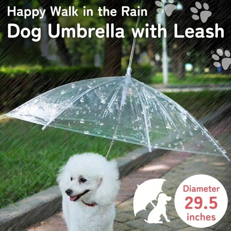Small transparent dog umbrella, anti transparent dog umbrella towing strap, metal chain dog outdoor rain gear Qme