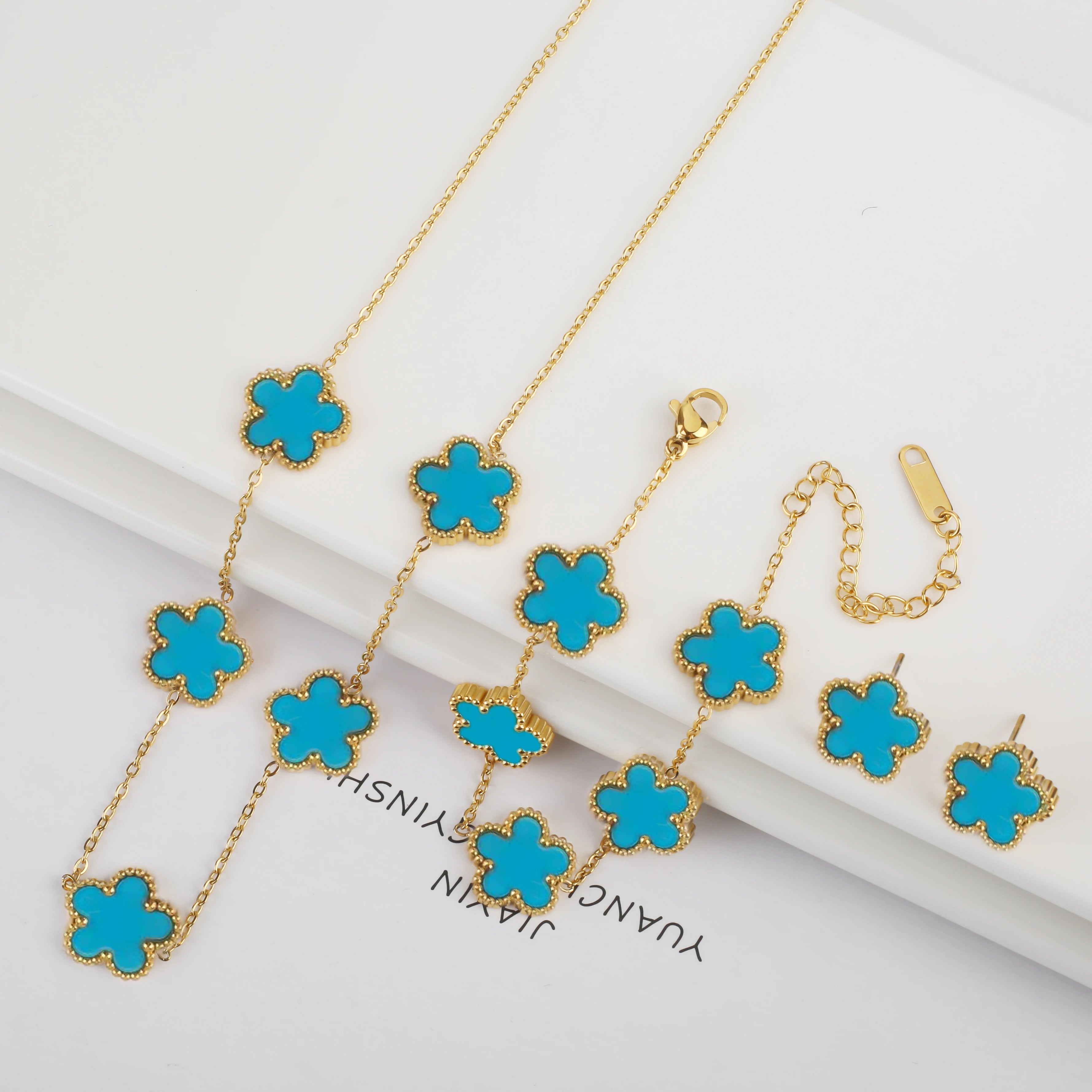 New Trend Five Leaf Flower Stainless Steel Jewelry Set Bracelet Necklace Earrings Classic for Woman Party Luxury Jewelry Clover Qme Jewelry Set 12